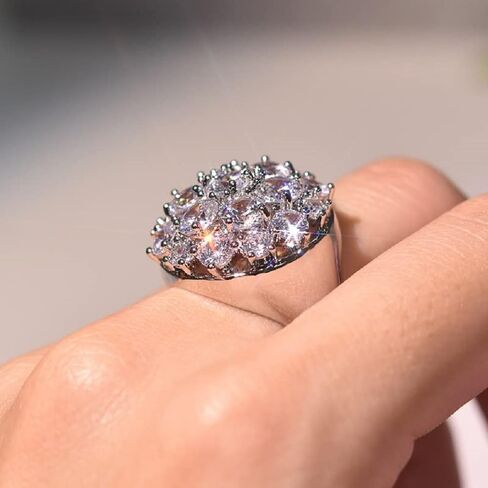 Luxury full diamond round super flash zircon ring banquet 925 sterling silver ring round cut cubic zirconia ring simulation diamond fashion wedding or engagement ring CZC441 (10, White gold) in Kuwait