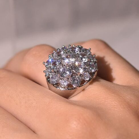 Luxury full diamond round super flash zircon ring banquet 925 sterling silver ring round cut cubic zirconia ring simulation diamond fashion wedding or engagement ring CZC441 (10, White gold) in Kuwait