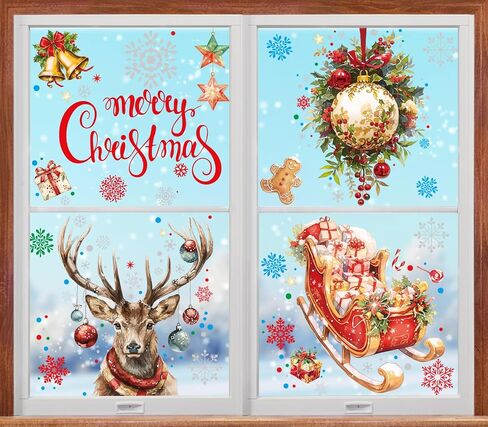 4 Sheets Large Size Christmas Window Clings with Silver Glitter, Bling Vintage Santa Snowman Decor, Christmas Snowflake Window Clings Stickers for Glass, Christmas Window Decals Decorations(Red Elk) in Saudi Arabia