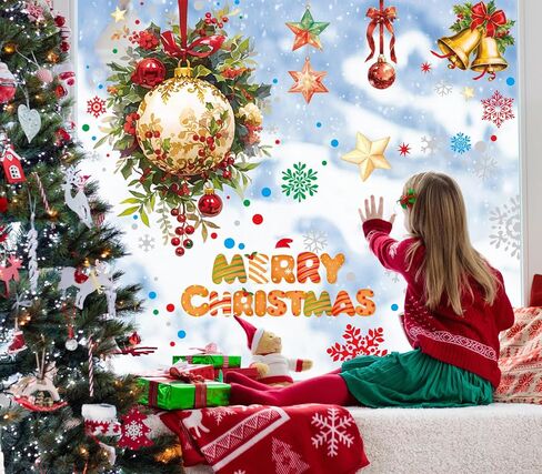 4 Sheets Large Size Christmas Window Clings with Silver Glitter, Bling Vintage Santa Snowman Decor, Christmas Snowflake Window Clings Stickers for Glass, Christmas Window Decals Decorations(Red Elk) in Saudi Arabia