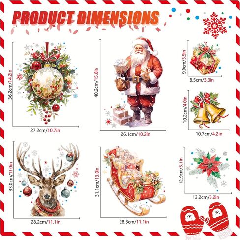4 Sheets Large Size Christmas Window Clings with Silver Glitter, Bling Vintage Santa Snowman Decor, Christmas Snowflake Window Clings Stickers for Glass, Christmas Window Decals Decorations(Red Elk) in Saudi Arabia