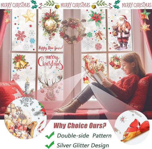 4 Sheets Large Size Christmas Window Clings with Silver Glitter, Bling Vintage Santa Snowman Decor, Christmas Snowflake Window Clings Stickers for Glass, Christmas Window Decals Decorations(Red Elk) in Saudi Arabia