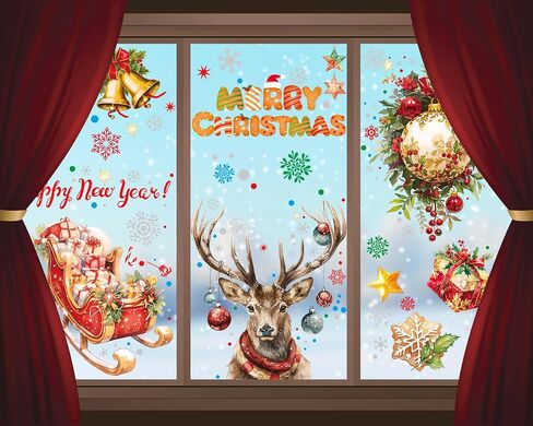 4 Sheets Large Size Christmas Window Clings with Silver Glitter, Bling Vintage Santa Snowman Decor, Christmas Snowflake Window Clings Stickers for Glass, Christmas Window Decals Decorations(Red Elk) in Saudi Arabia