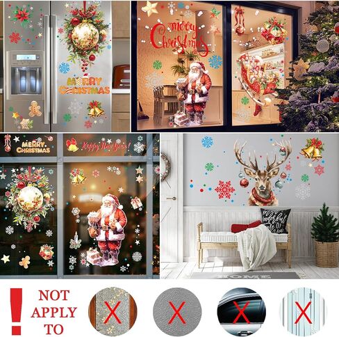 4 Sheets Large Size Christmas Window Clings with Silver Glitter, Bling Vintage Santa Snowman Decor, Christmas Snowflake Window Clings Stickers for Glass, Christmas Window Decals Decorations(Red Elk) in Saudi Arabia
