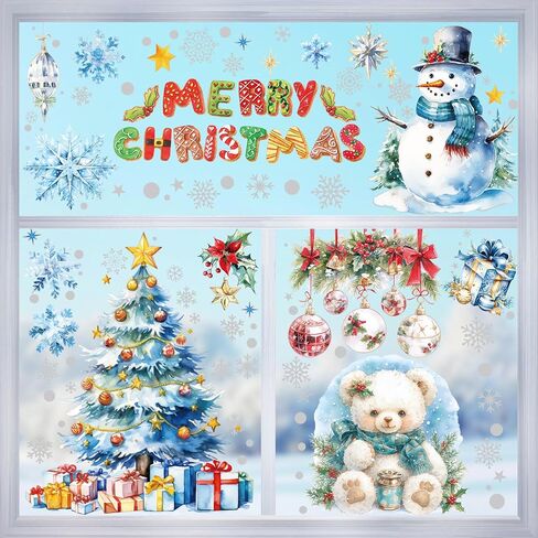 4 Sheets Large Size Christmas Window Clings with Silver Glitter, Bling Vintage Santa Snowman Decor, Christmas Snowflake Window Clings Stickers for Glass, Christmas Window Decals Decorations(Red Elk) in Saudi Arabia