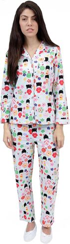 LA CERA Women's Cotton Lace Trimmed Cotton Flannel Pajama Set, 100% Cotton, Full Button Front Top, Long Sleeves in Saudi Arabia
