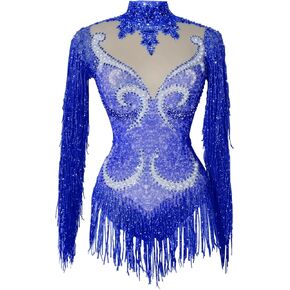 Sexy Sparkly Diamante Pearl Long Sleeves Tassel Women Bodysuit Team Performance Club Pole Dance Drag Queen Costume