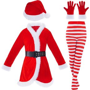 Fengek 5 Pcs Santa Claus Costume for Women Mrs Claus Dress With Belt Gloves Hat Pantyhose Accessory for Christmas Party