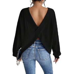 SweatyRocks Women's Criss Cross Round Neck Pullover Sweaters Long Sleeve Loose Cut Out Back Knit Tee Tops Backless Shirts
