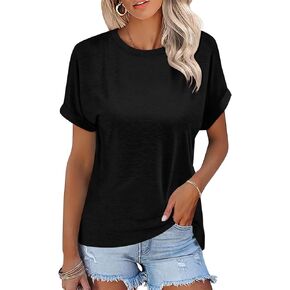 Women's T-Shirts Rolled Short Sleeve Shirts Crewneck Summer Tops Solid Loose Casual Tees Shirts