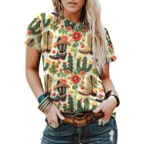 Boho Western Cowgirl Shirts for Women: Vintage Western Rodeo Graphic Tee Cowgirl 3D Digital Printing Short Sleeve Tops