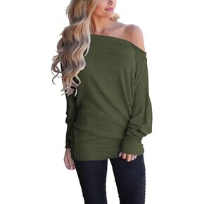 Poetsky Women's Off Shoulder Long Sleeve Tunic Tops Loose Casual Oversized Shirts Blouses