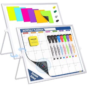 2 in 1 Magnetic Dry Erase Calendar & Double Sided Magnetic White Board with Stand - 16"x12" Whiteboard with Removable Fridge Calendar, Reusable Sticky Notes, Markers, Magnets, Eraser