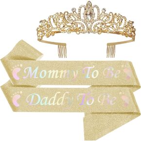 Mom To Be; Daddy to be Baby Shower Decorations; future mom Crown and Sash Mother To Be Sash Baby Shower Boy & Gilr Sash and Tiara Set for Boys and Girls; Sash and Tiara Set for Boys and Girls (GOLD)