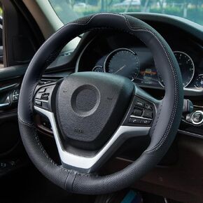 Leather Steering Wheel Cover Lace Up, Stitch On Steering Wheel Wrap, Ultra-Thin Breathable Anti-Slip Sew On Car Steering Wheel Protector, Suitable for 14.5-15 inch Steering Wheel, Black