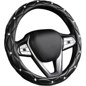Bling Car Steering Wheel Cover, 15 Inch Non-Slip Soft Leather Auto Wheel Cover, Crystal Rhinestone Steering Wheel Cover for Women Girls, Universal Decor Car Accessories (White)
