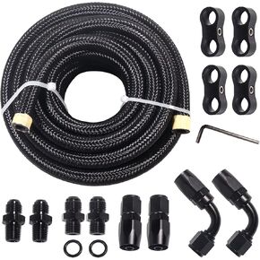 طقم تركيب خرطوم خط الوقود المضفر من النايلون 6AN 4L60E 4L65E مع نهايات خرطوم مستقيمة 6AN 90 درجة، CPE 15FT أسود، 1/4 بوصة NPSM X 6AN تركيبات مشعاع ناقل الحركة، مجموعة خرطوم تبريد ناقل الحركة - فولاذ
