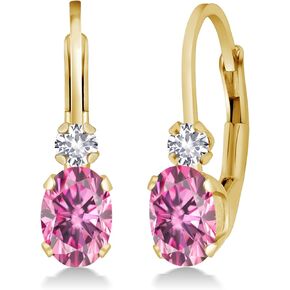 Gem Stone King 14K Yellow Gold Pink Moissanite and White Created Sapphire Leverback Earrings For Women | 1.00 Cttw | Gemstone | Oval 6X4MM, Round 2MM | 3/4 Inch