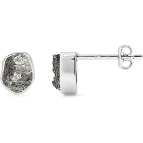 Natural Rough Meteorite Stud Earrings for Women in Sterling Silver, August Birthstone Jewelry Gifts for Her Birthday, Anniversary, Graduation (Bezel-Set, 6x4mm)