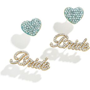 Something Blue Earring Set - Fun Blue Heart and Bride Script Earrings, Bridal Earrings, Wedding Earrings, Stud Earrings for Women, Novelty Earrings for Women, Themed Earrings - Blue/Gold