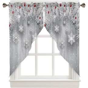 Christmas Curtains Swag Valance Snowflake Silver Leaves Berry Retro Wood Flake Rod Pocket Kitchen Curtains Winter Holiday Window Valances Swag Curtains for Christmas Decorations, 1 Pair, 28"W x 36"L
