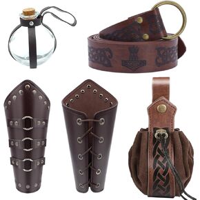 5Pcs Renaissance Costume Men Or Women, Viking Renaissance Belt Medieval Vintage Belt Pouch And Magic Bottles and Leather Arm Guards