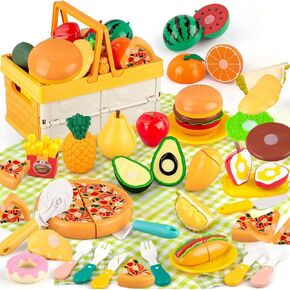 Play Food Sets for Kids Kitchen, Picnic Basket Toy Food Cutting Set with Cutlery and Blanket, Toddler Play Kitchen Accessories with Fruits, Juice, Fake Food with Pizza Toys for Boys Girls