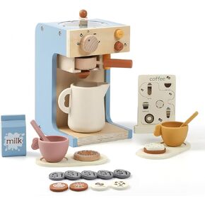 Kids Coffee Maker Playset Wooden Kitchen Toys for Toddlers - 15PCS Toy Coffee Maker Play Kitchen Accessories for Girls & Boys Pretend Play Kids Coffee Maker Toys - Ideal Gift