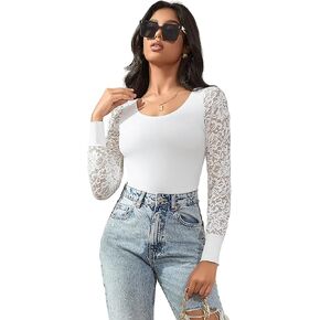 ohyeahlady Lace Bodysuit Tops Sheer Mesh Plus Size Long Sleeve Bodysuit Stretchy Sexy Party Leotard Top