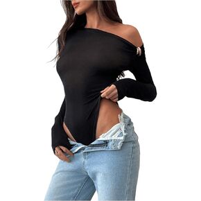 MakeMeChic Women's One Shoulder T Shirt Bodysuit Long Sleeve Fitted Elegant Leotard