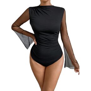 Floerns Women's Contrast Mesh Flare Long Sleeve Mock Neck Bodysuit Jumpsuit