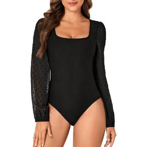 Vrtige Women's Sexy Square Neck Swiss Dots Sheer Mesh Long Sleeve Leotard Bodysuit