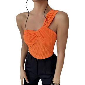 OYOANGLE Women's Textured One Shoulder Twist Front Ruched Bodysuit Sleeveless Tank Top Body Suits