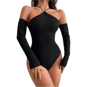 MakeMeChic Women's Y2K Solid Rib Knit Halter Leotard Long Sleeve Slim Fitted Party Bodysuit Tops
