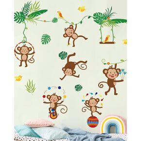 Green Vines Climbing Monkeys Wall Decals Peel and Stick Removable Vinyl Stickers Jungle Animals Mural Decals for Kids Room Decor Baby Bedroom Nursery Wall Art Playroom Wall Decor Window Decor