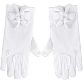 Flower Girl Gloves White Tea Party Gloves for Girls Wedding Gloves White Gloves Flower Girl Tea Gloves for Girls First Communion Gloves Bow Silky Satin Princess Formal Gloves