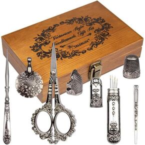 Tnfeeon Vintage Embroidery Scissors Set, Wooden European Stainless Steel Sewing Tools Kit for Embroidery, Needlework(Bronze)