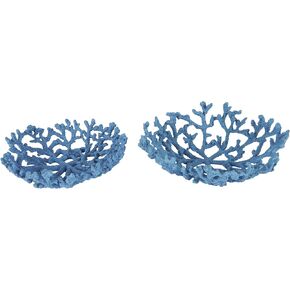 Deco 79 Resin Coral Decorative Bowl Decorative Bowl Textured Decorative Containers, Set of 2 Decorative Keepsake Boxes 13", 12" W, Blue