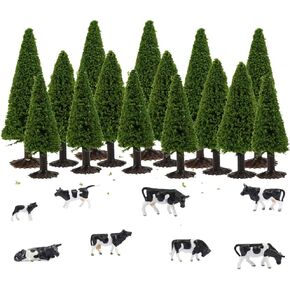 S0701 15pcs Dark Green Pine Model Cedar Trees and 8pcs Model Cows for Model Railroad Scenery Landscape Layout HO OO Scale New