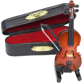 Wooden Miniature Violin with Stand, Bow and Case, Mini Musical Instrument, Dollhouse Model Miniature Home Decoration (3.15")