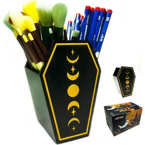 Goth Makeup Brush Holder for Vanity Desk, Coffin Pen Holder for Office Desk,Wooden Pencil Holder,Gothic Makeup Organizer, Black Decor for Home,Room,Bathroom,Bedroom,Living room,Witchy Gifts