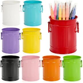 9 Pack Metal Pen Holder, Mini Pencil Bucket with Handle, Desktop Pencil Cup Makeup Brush Organizer, Desk Colorful Small Pails, Stationary Supplies Container for Office Classroom School Crafts