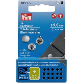 Prym, 9 mm, 12 pcs Tubular Rivets, Silver Count
