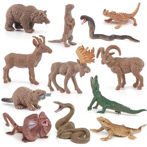 Wildlife Animal Model Toys 12 PCS Mini Brown Bear Beavers Crocodile Snake Lizard Figurine Family Party Favors Supplies Cake Toppers Set Toys for Over 3 Years Old Boys Girls Kids