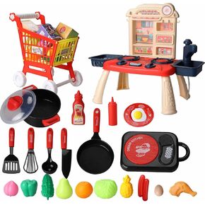 52PCS Kids Play Kitchen Toys, Toddlers Pretend Cooking Playset with Play Food and Shopping Storage Basket, Preschool Learning Education Toy Gifts for Boys Girls