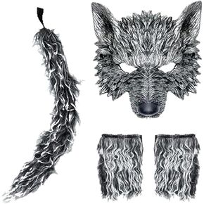 Werewolf Wolf Costume Wolf Mask with Wolf Tail and Gloves Halloween Wolf Mask Gloves and Tails Set for Women Men，Costume Party Gift for Werewolf Enthusiasts