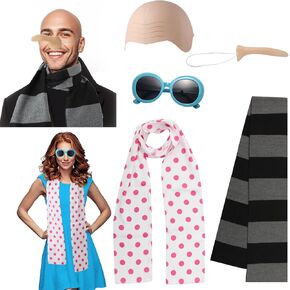 5 Pcs Halloween Costume Set Include Black Gray Striped Scarf,Red Polka Dot Scarf,Blue Frame Sunglasses, Fake Nose,Latex Bald Head Wig Cap for Halloween Party Cosplay Costume Accessories