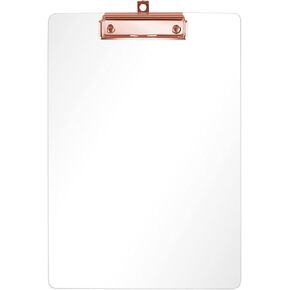 Moocci Thick Acrylic Clear Clipboards Cute Transparent Letter Size Clipboard with Rose Gold Strong Clip Hidden Hanging Hole for A4 Paper, Art Student, Drawing, Office, School, Warehouse, Event, 1PC