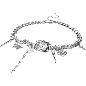 Avaner Women's Leather Choker Watches: Silver Square Analog Quartz Gothic Necklace Watches for Party Costumes