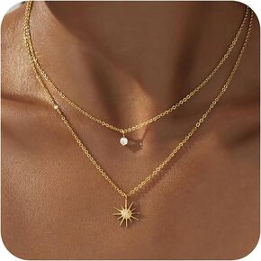 Gold Layered Choker Necklace for Women, Dainty 14K Sun Star Charm Chain Set for Beach Trendy Jewelry, Cute Stack Pendant Cubic Zirconia Waterproof Necklace for Her Gifts
